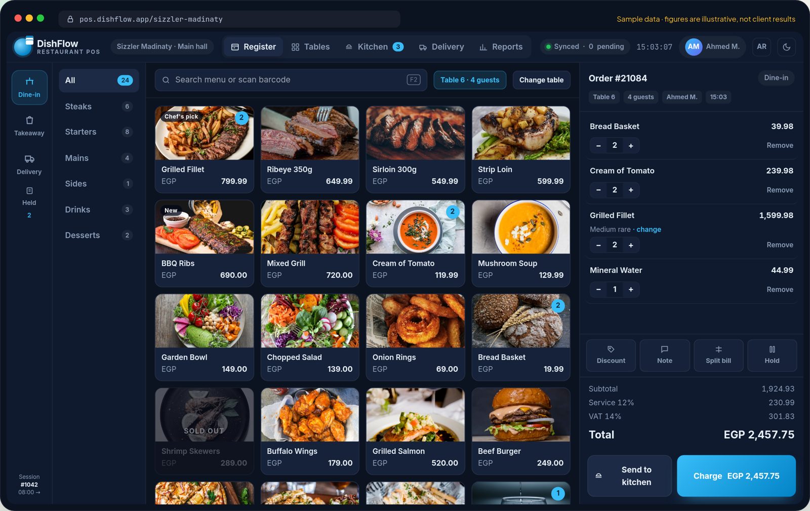 DishFlow register: floor plan, menu with photos, order and payment on one screen